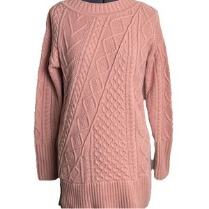 J Crew Cable Knit Fisherman Sweater Wool Blend Tunic Length Size XS Pink Preppy